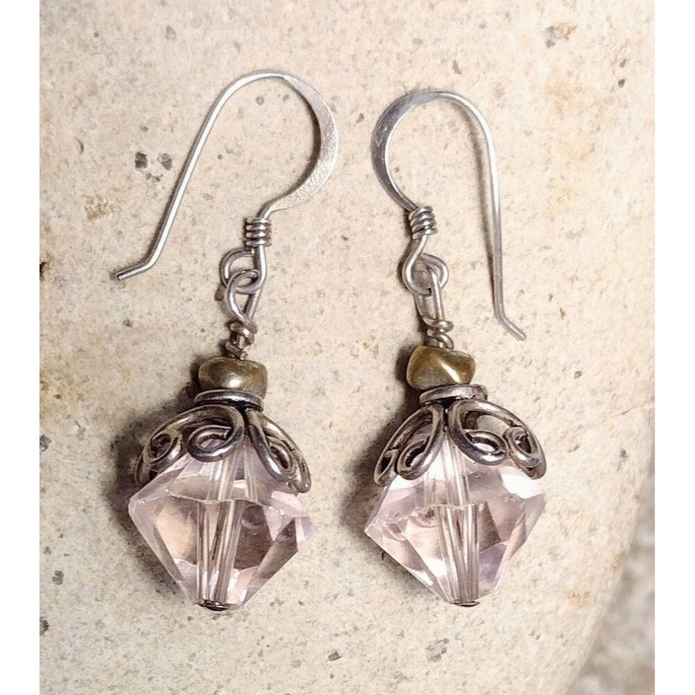 Vintage .925 Sterling Silver Light Pink Crystal Scroll Earrings